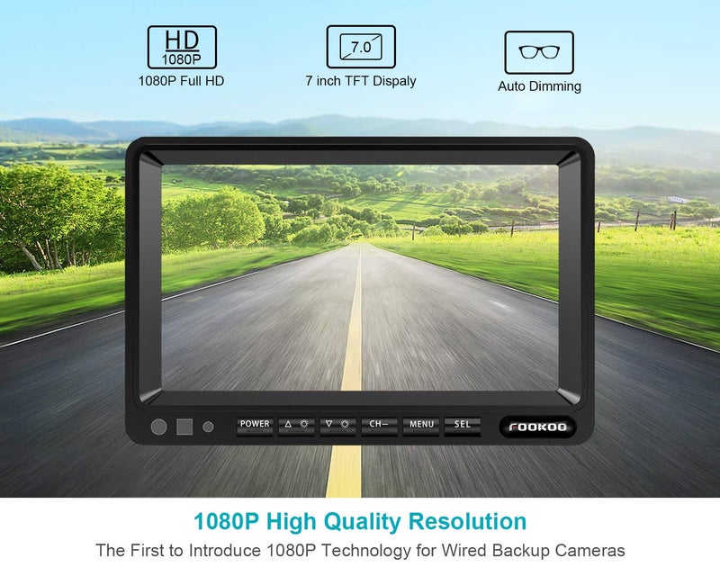 Fookoo نظام كاميرا احتياطية HD FOOKOO â…¡، شاشة عكسية 7" 1080P + كاميرا رؤية خلفية مقاومة للماء IP69، شريحة CCD حادة، 100% غير قابلة للغسل، شاحنة/نصف مقطورة/شاحنة صندوقية/مركبة ترفيهية (FHD1-Wired) - Image 2